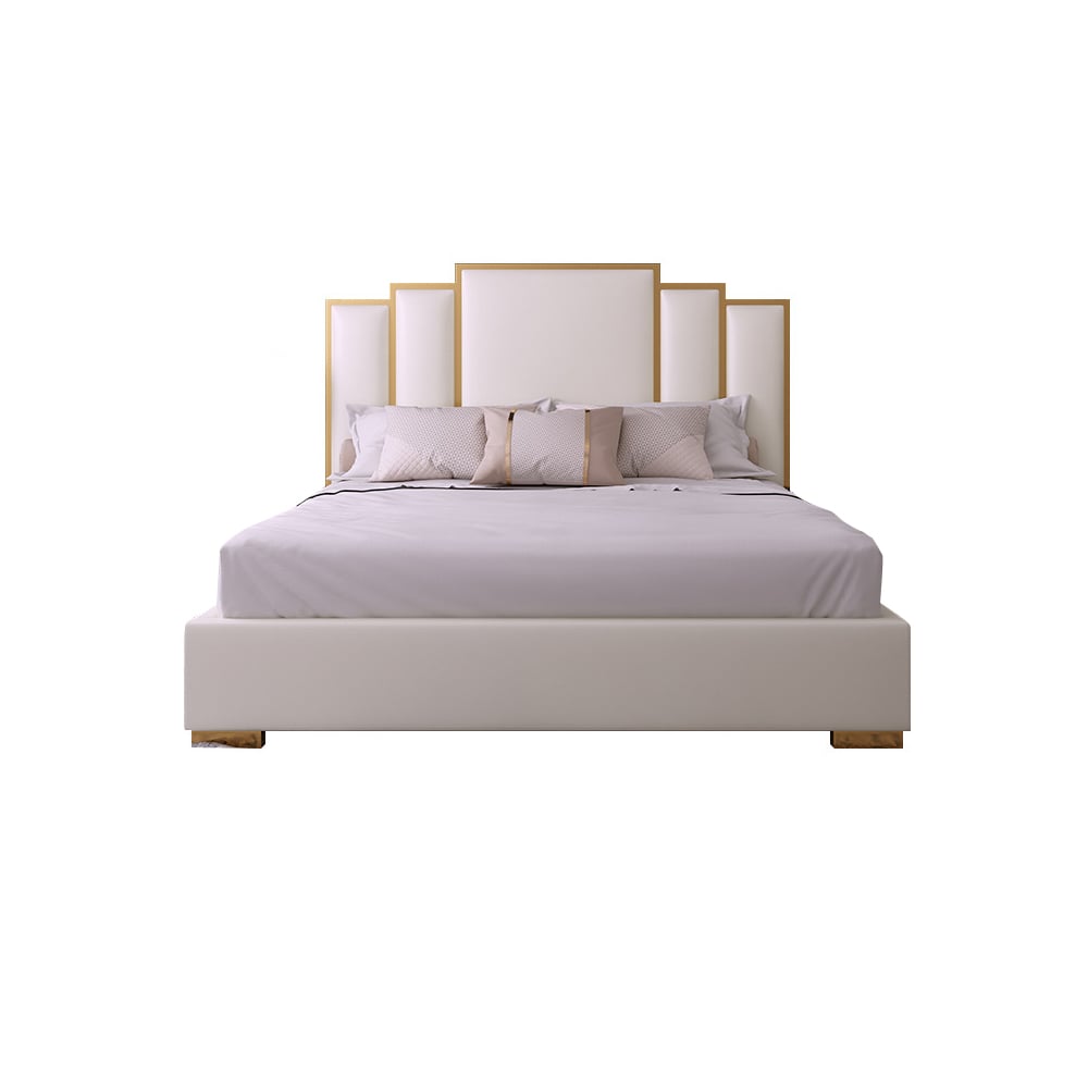 HMR - Modern Faux Leather Upholstered Bed with Geometric Headboard Included