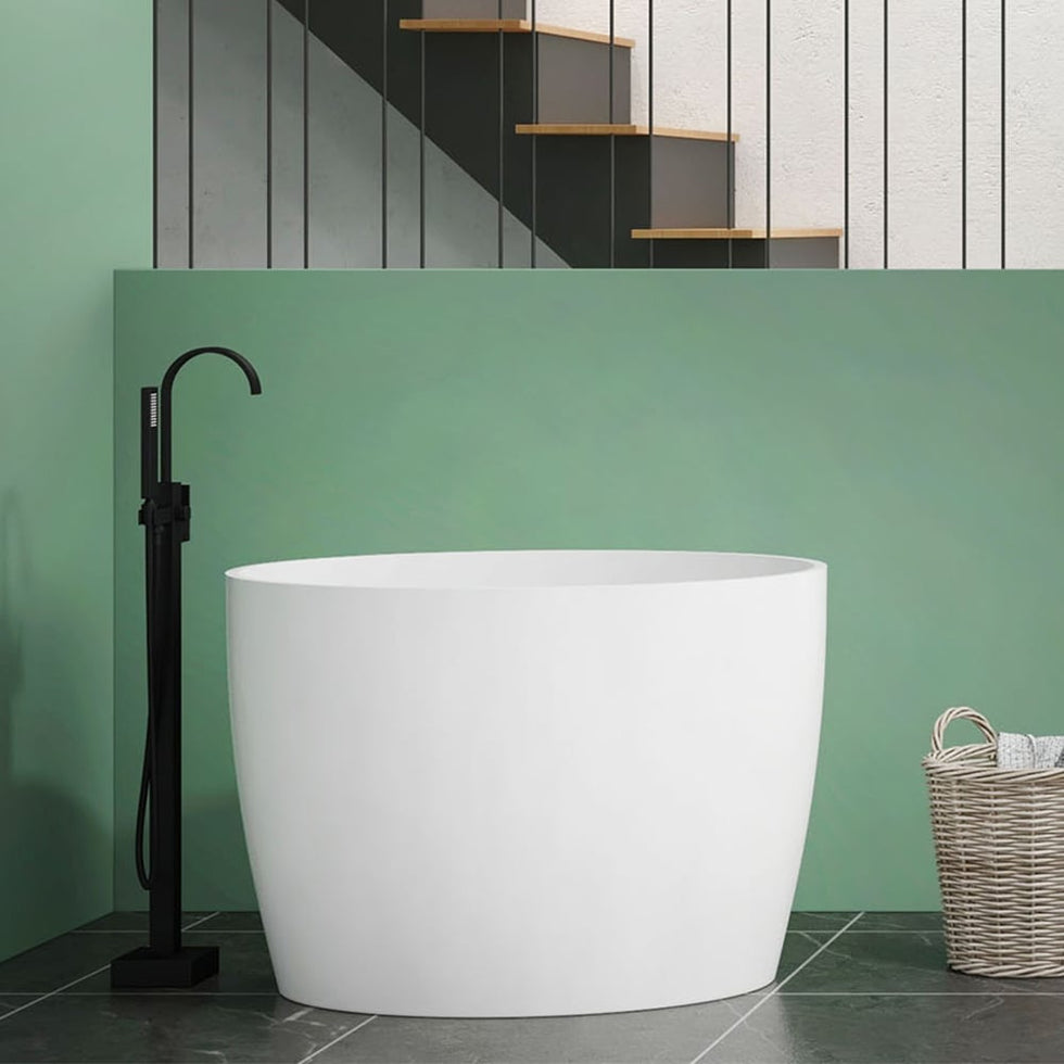 HMR - 39.37" Modern Deep Oval Freestanding Stone Resin Soaking Bathtub White