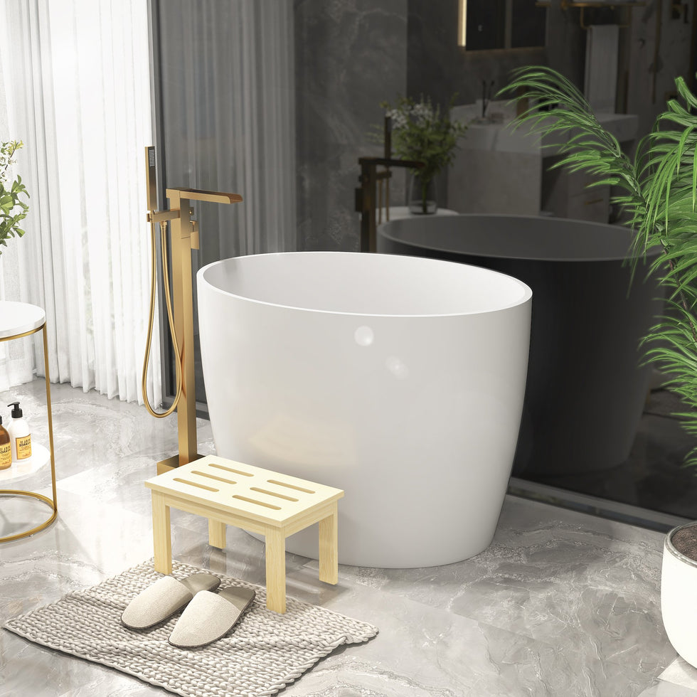 HMR - 39.37" Modern Deep Oval Freestanding Stone Resin Soaking Bathtub White