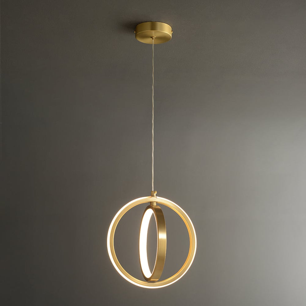HMR - Gold Geometric Pendant Light 2-Ring LED Hanging Light in Brass