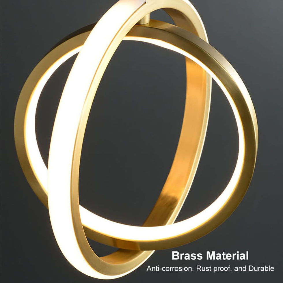 HMR - Gold Geometric Pendant Light 2-Ring LED Hanging Light in Brass