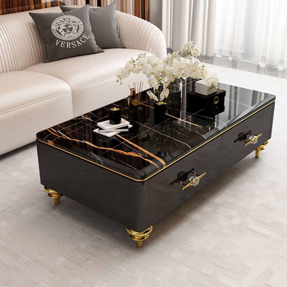 HMR - Chift 51" Modern Marble Coffee Table & Storage Drawers Gold Stainless Steel Legs