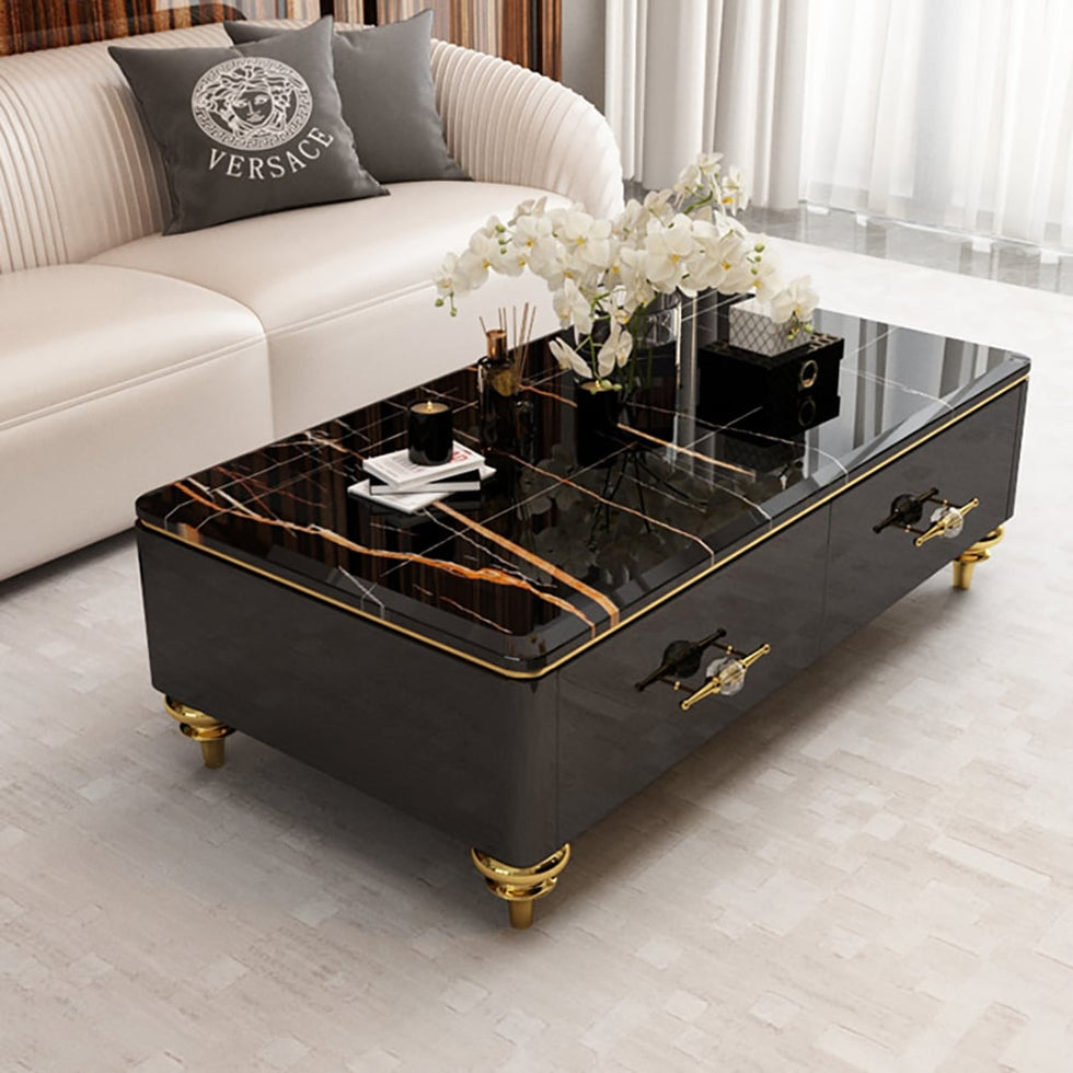 HMR - Chift 51" Modern Marble Coffee Table & Storage Drawers Gold Stainless Steel Legs