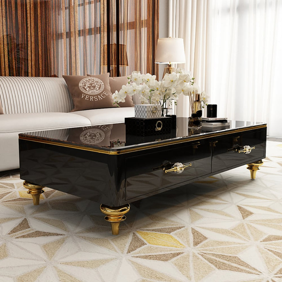 HMR - Chift 51" Modern Marble Coffee Table & Storage Drawers Gold Stainless Steel Legs