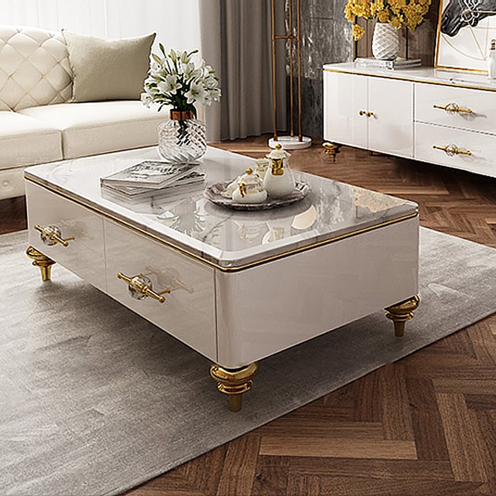 HMR - Chift 51" Modern Marble Coffee Table & Storage Drawers Gold Stainless Steel Legs