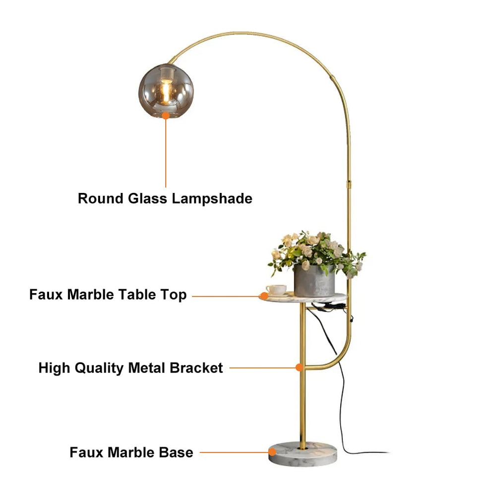 HMR - Modern Arc Floor Lamp with Shelf & Wireless Charger & USB Charging Port