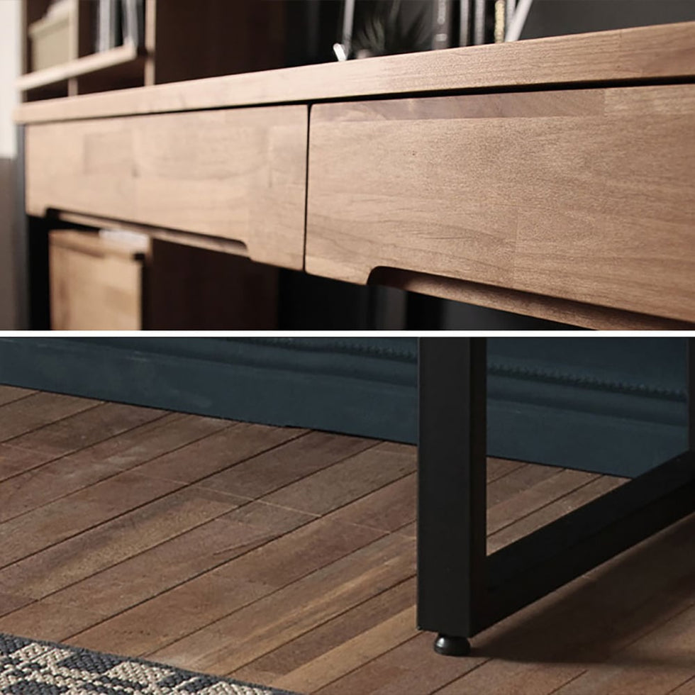 HMR - 47.2" Rustic Wooden Natural & Black Office Desk with Drawers & Metal Legs