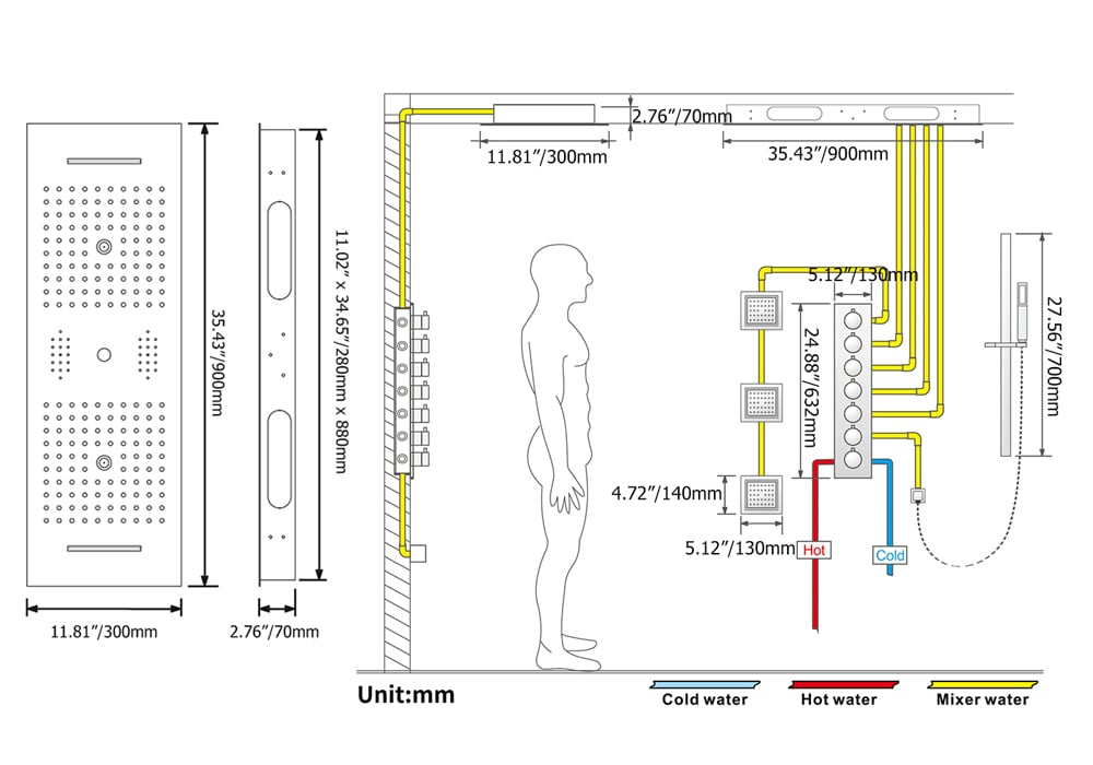 HMR - 35 Modern Thermostatic Rain Shower System 6 Functions Massage Music Remote Controlled LED