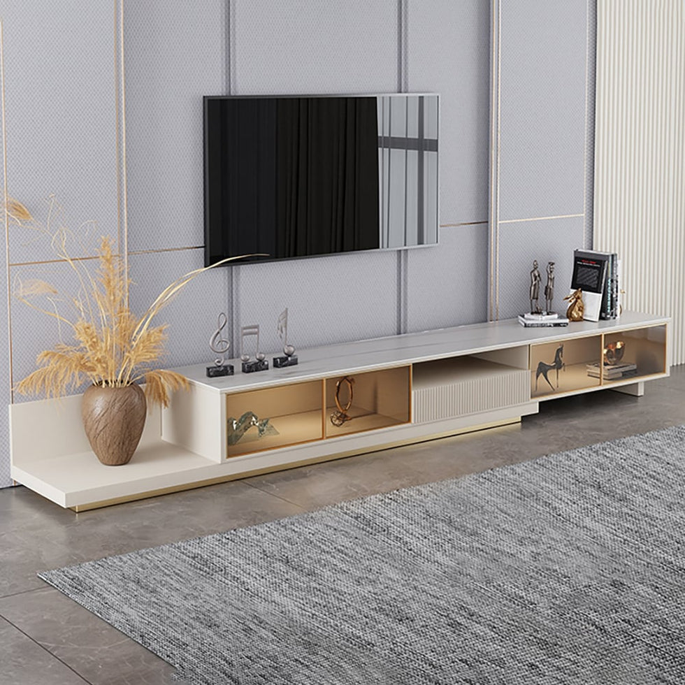 HMR - 110.2" Modern Extendable TV Stand Glass Door Media Console with LED Light & Drawer
