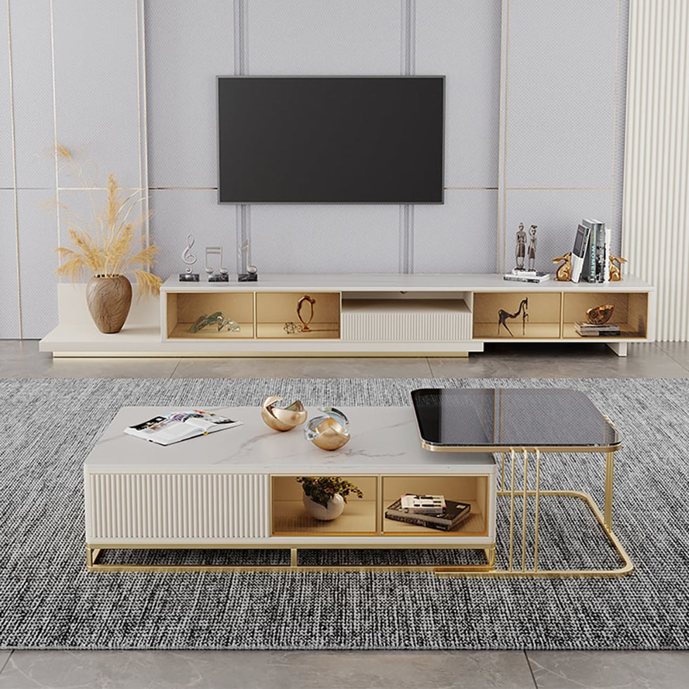 HMR - 110.2" Modern Extendable TV Stand Glass Door Media Console with LED Light & Drawer