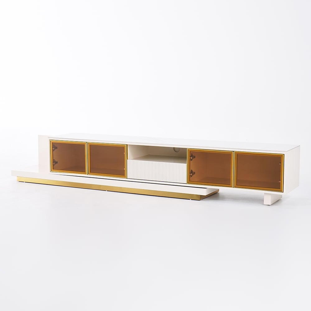HMR - 110.2" Modern Extendable TV Stand Glass Door Media Console with LED Light & Drawer