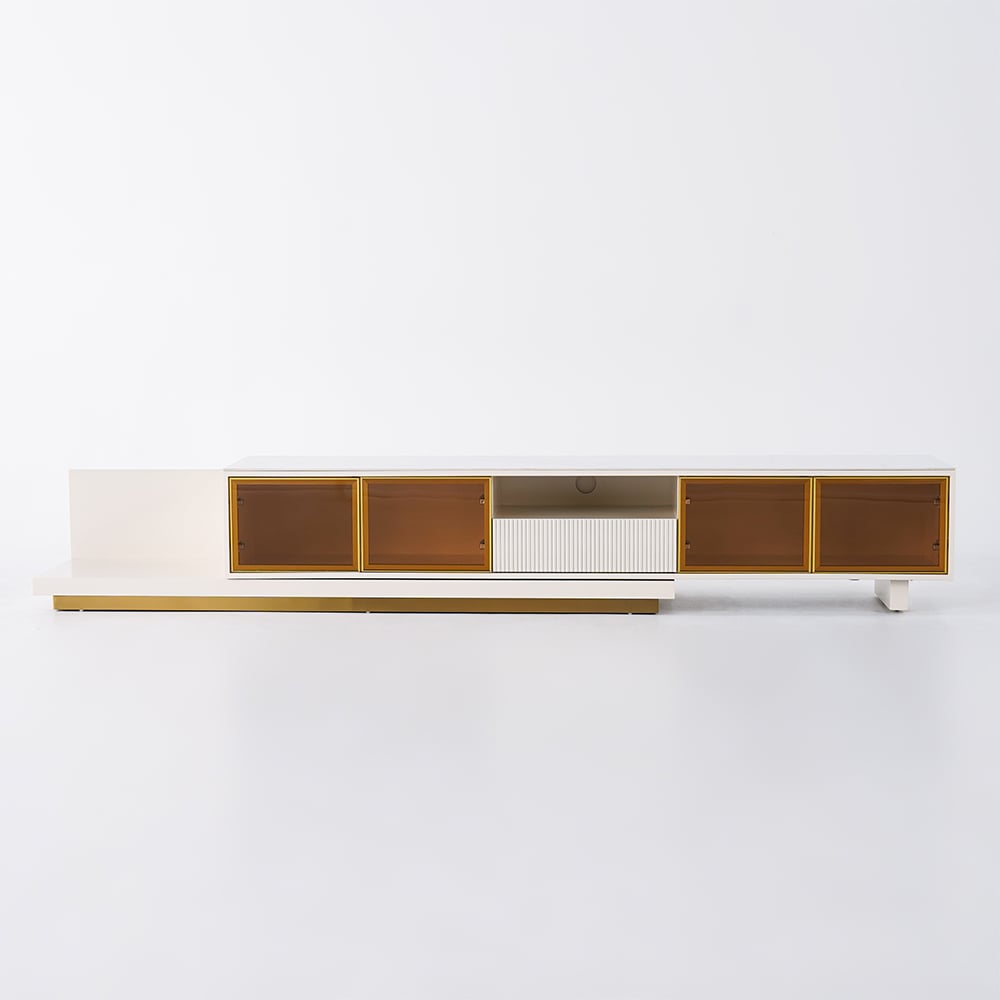 HMR - 110.2" Modern Extendable TV Stand Glass Door Media Console with LED Light & Drawer