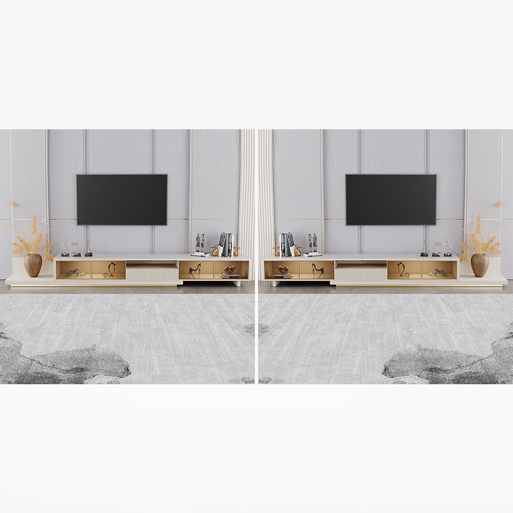 HMR - 110.2" Modern Extendable TV Stand Glass Door Media Console with LED Light & Drawer