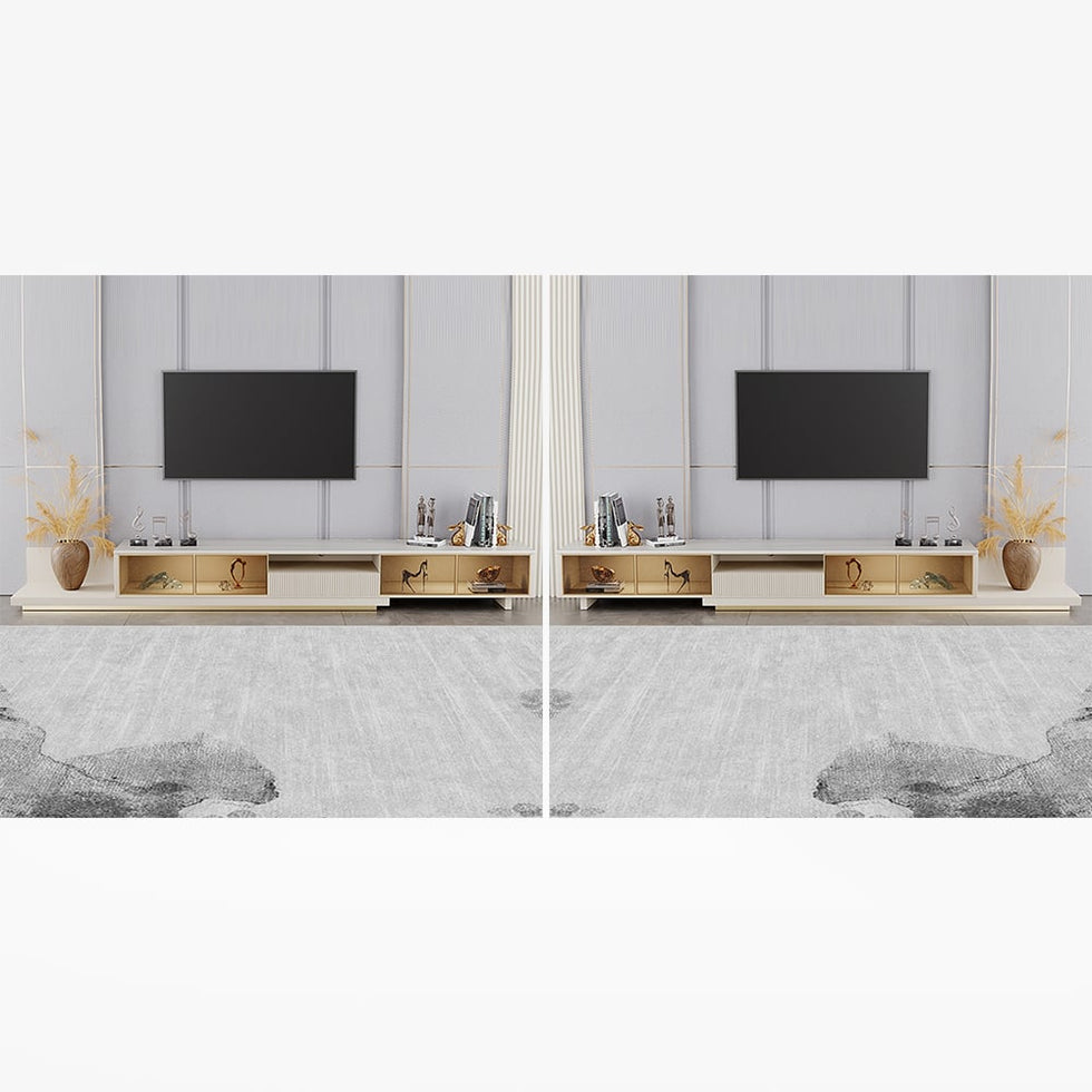 HMR - 110.2" Modern Extendable TV Stand Glass Door Media Console with LED Light & Drawer