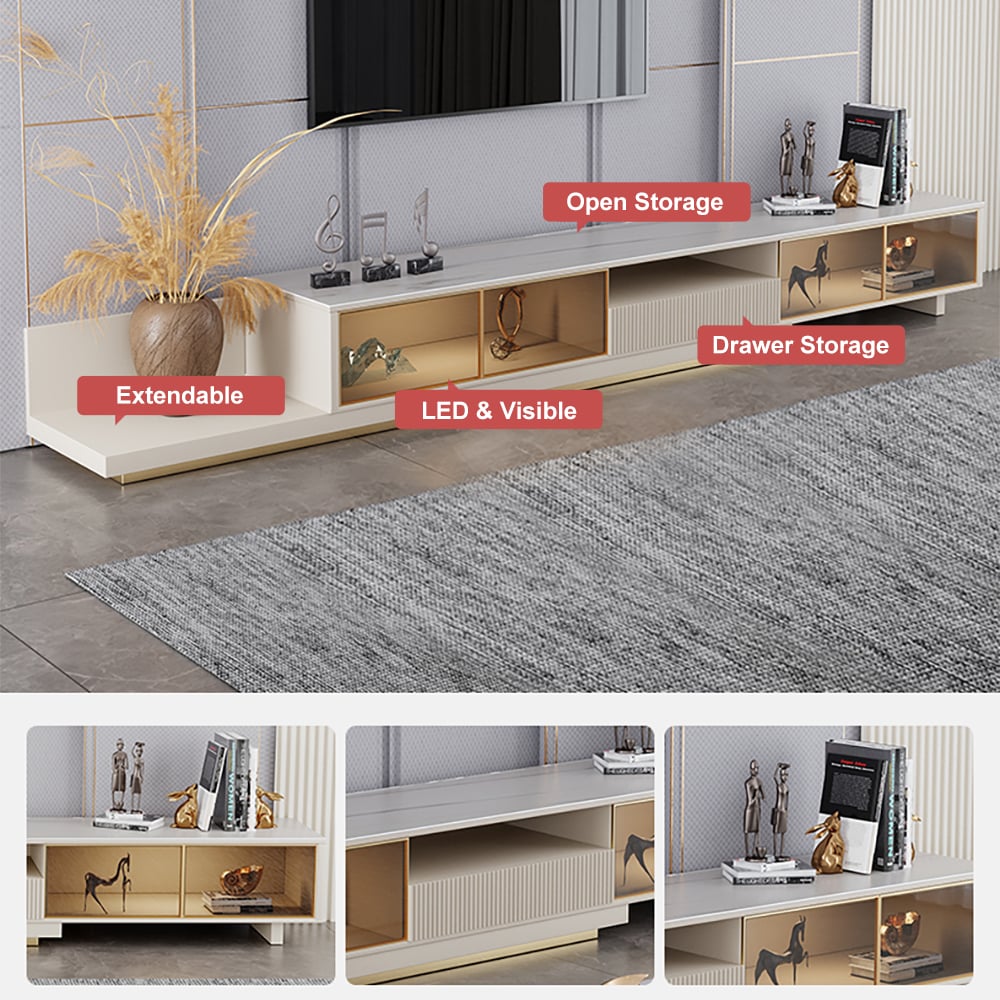 HMR - 110.2" Modern Extendable TV Stand Glass Door Media Console with LED Light & Drawer
