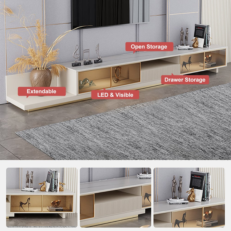 HMR - 110.2" Modern Extendable TV Stand Glass Door Media Console with LED Light & Drawer