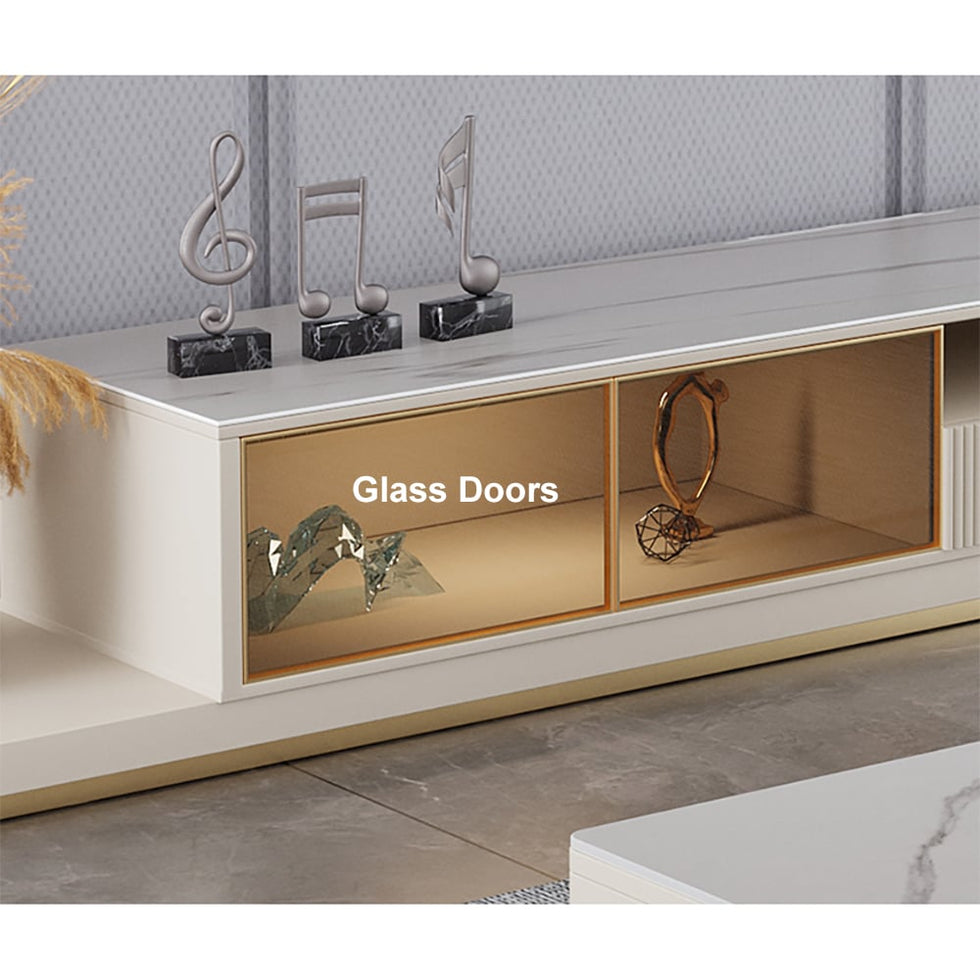HMR - 110.2" Modern Extendable TV Stand Glass Door Media Console with LED Light & Drawer