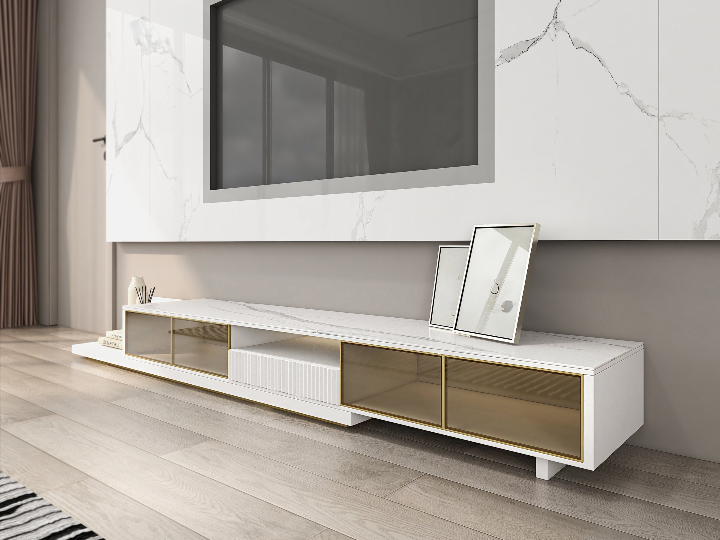 HMR - 110.2" Modern Extendable TV Stand Glass Door Media Console with LED Light & Drawer