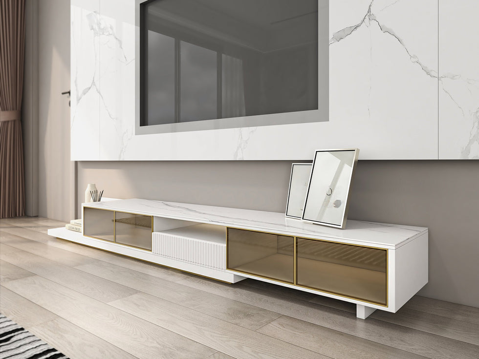 HMR - 110.2" Modern Extendable TV Stand Glass Door Media Console with LED Light & Drawer