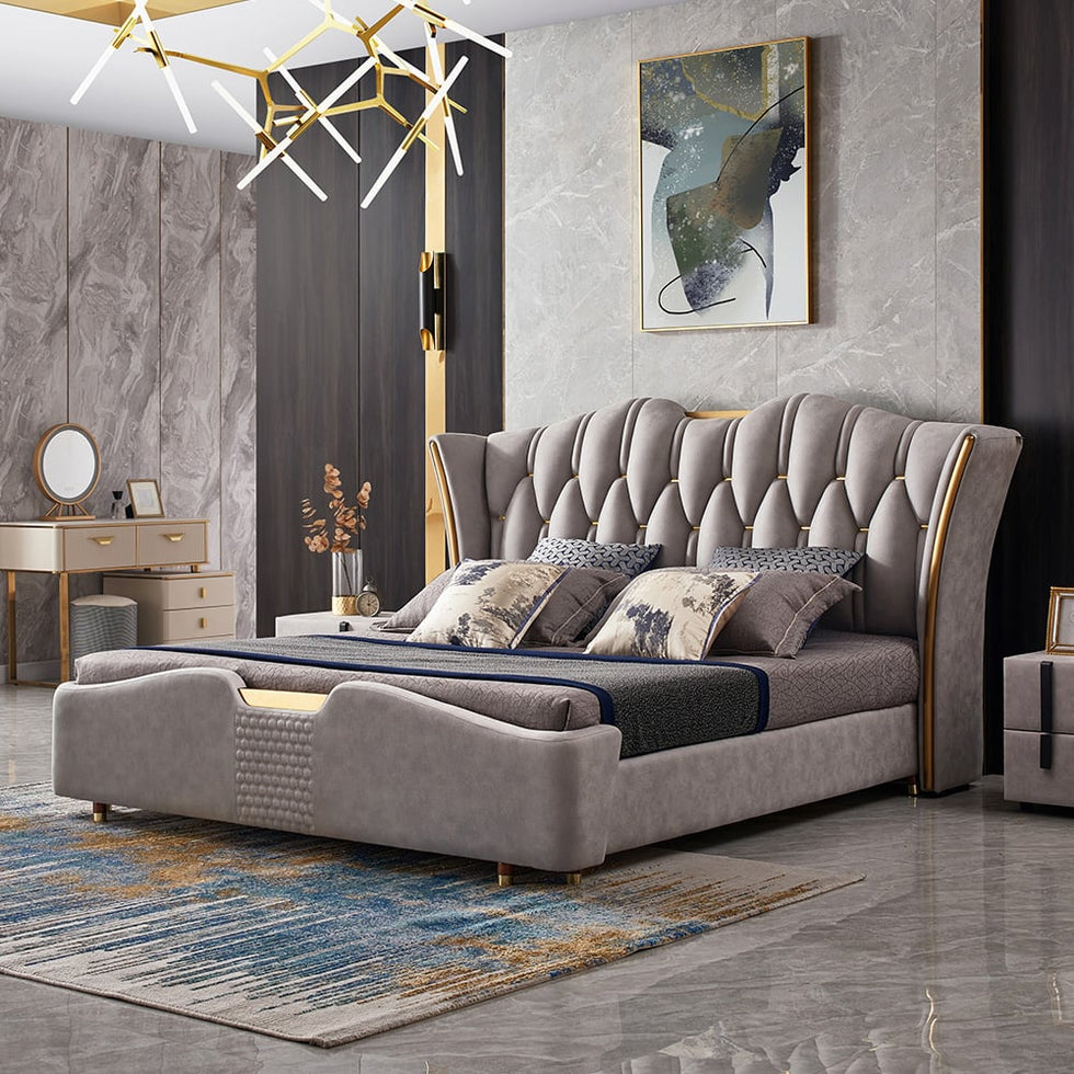 HMR - Luxury Upholstered Bed Frame with Tufted Wingback Headboard
