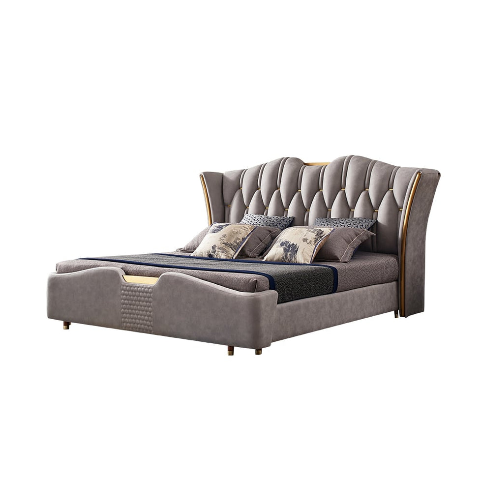HMR - Luxury Upholstered Bed Frame with Tufted Wingback Headboard