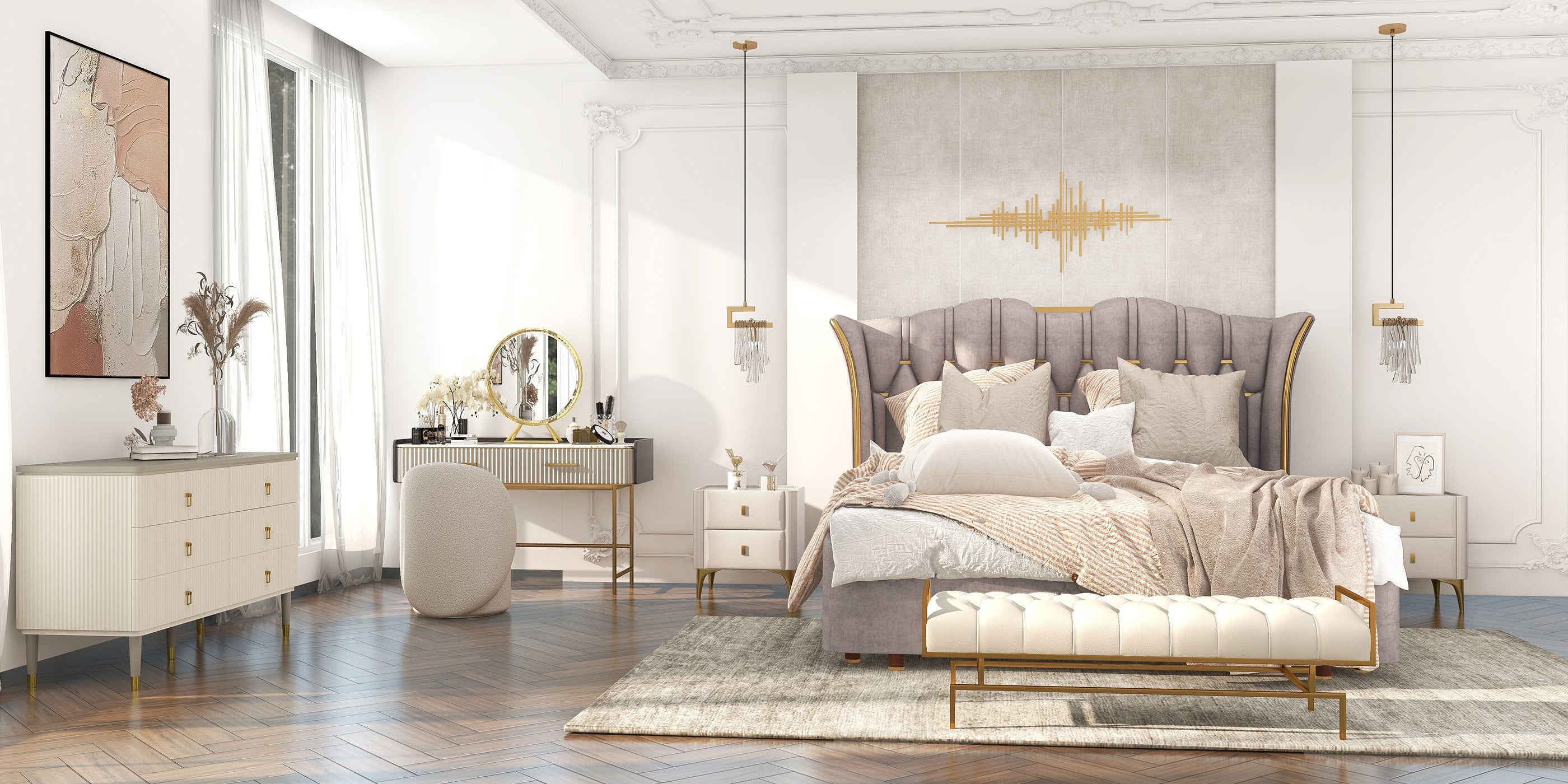 HMR - Luxury Upholstered Bed Frame with Tufted Wingback Headboard