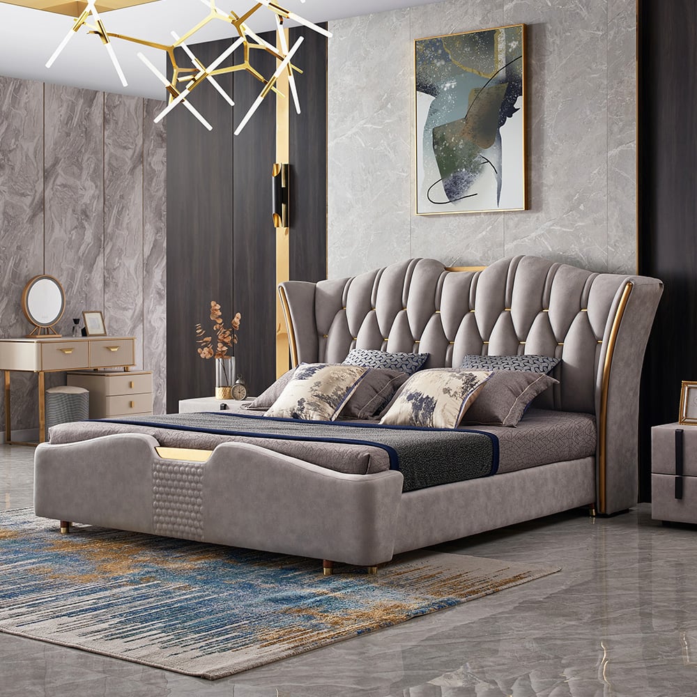 HMR - Luxury Upholstered Bed Frame with Tufted Wingback Headboard