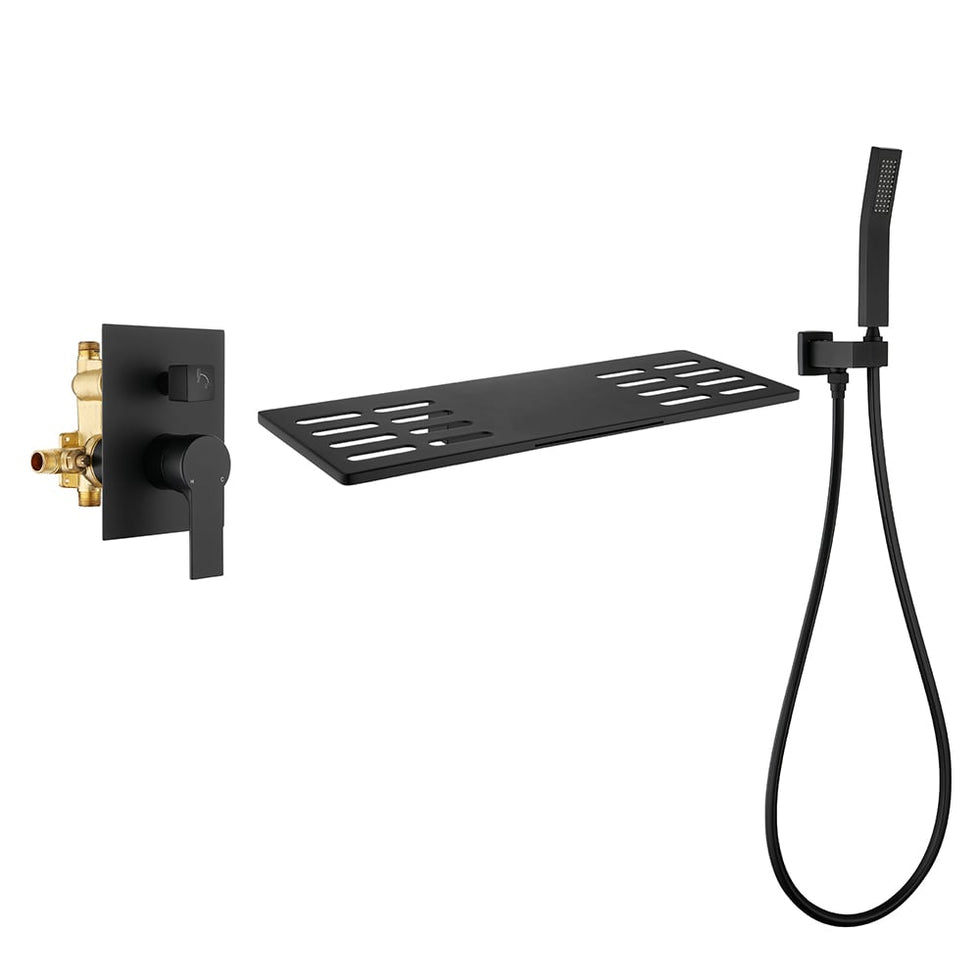 HMR - Modern Waterfall Wall Mounted Single Handle Bathtub Faucet With Handshower in Black