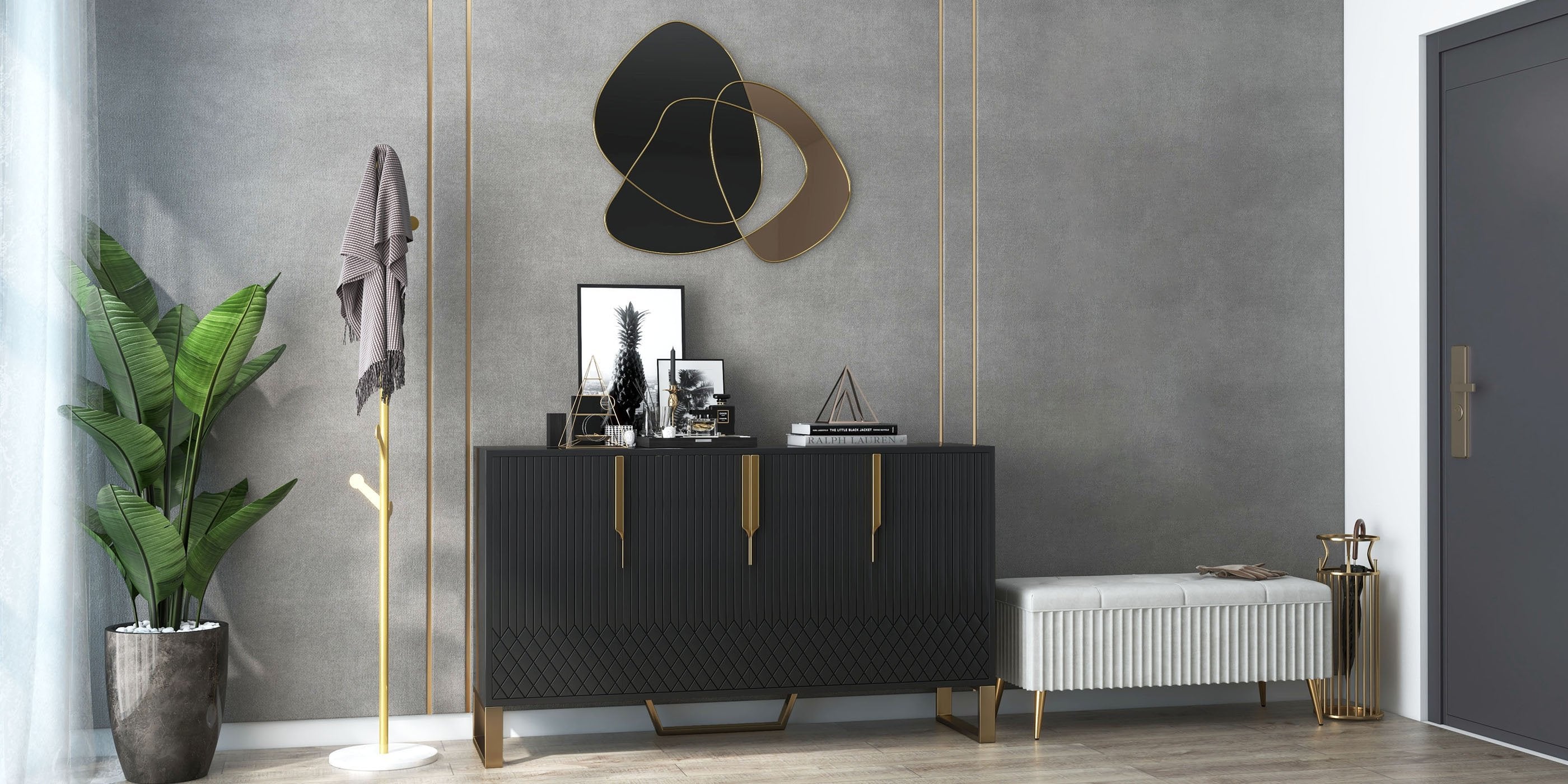 HMR - 31.5" Abstract 3D Metal Big Wall Decor Unique Modern Irregular Home Art in Black & Gold