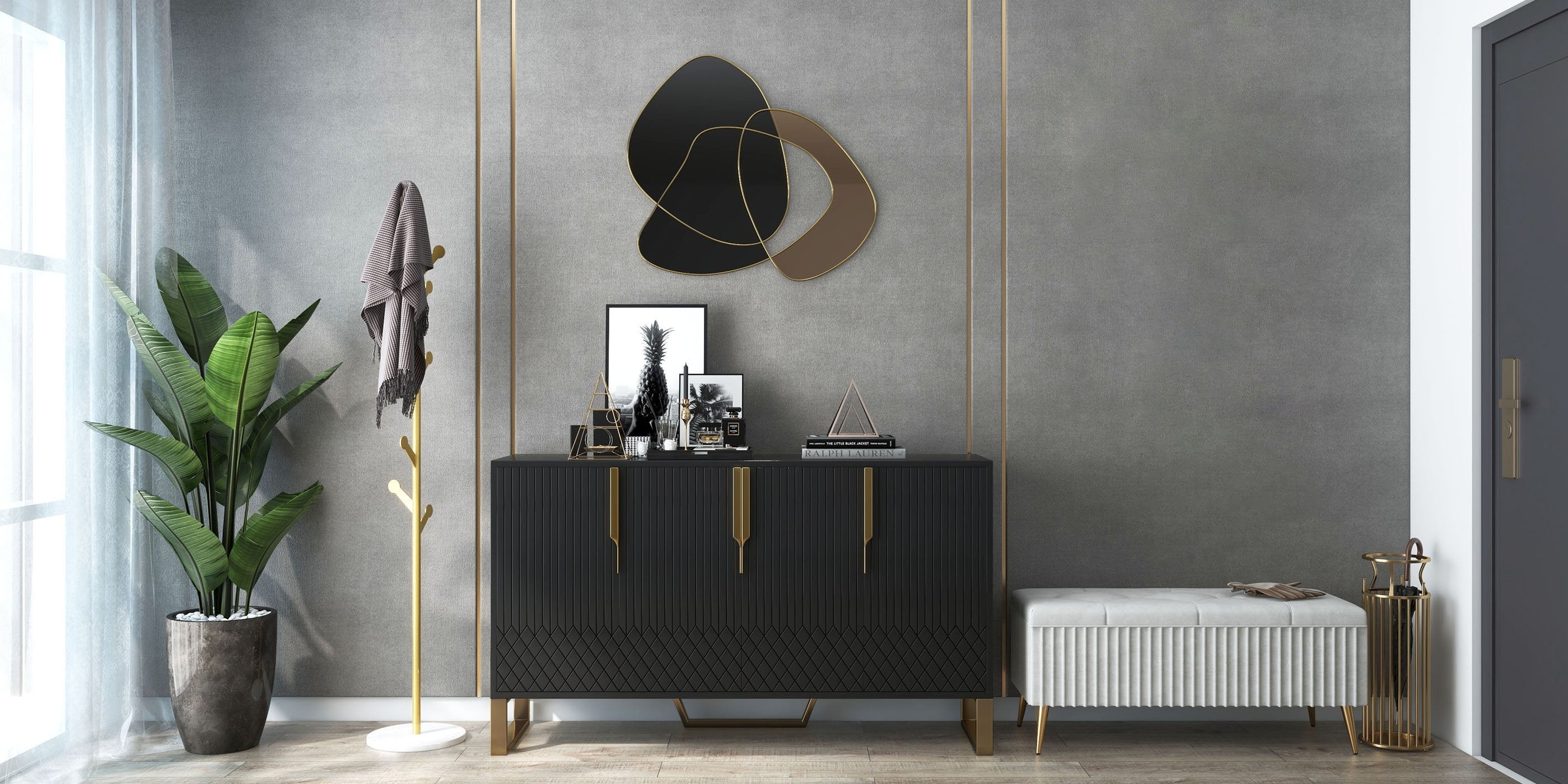 HMR - 31.5" Abstract 3D Metal Big Wall Decor Unique Modern Irregular Home Art in Black & Gold