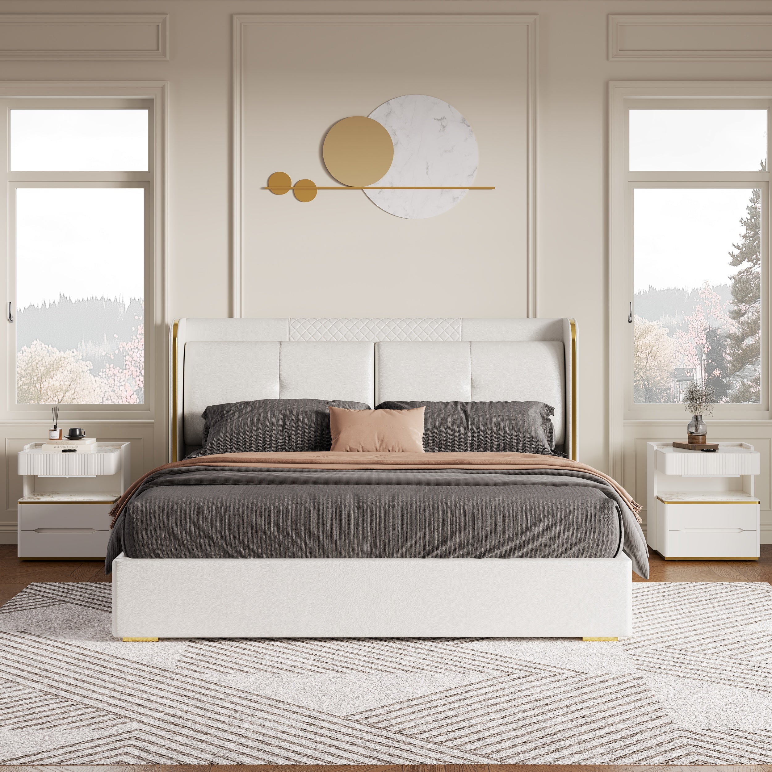 HMR - Leather Upholstered Bed with Wingback Headboard