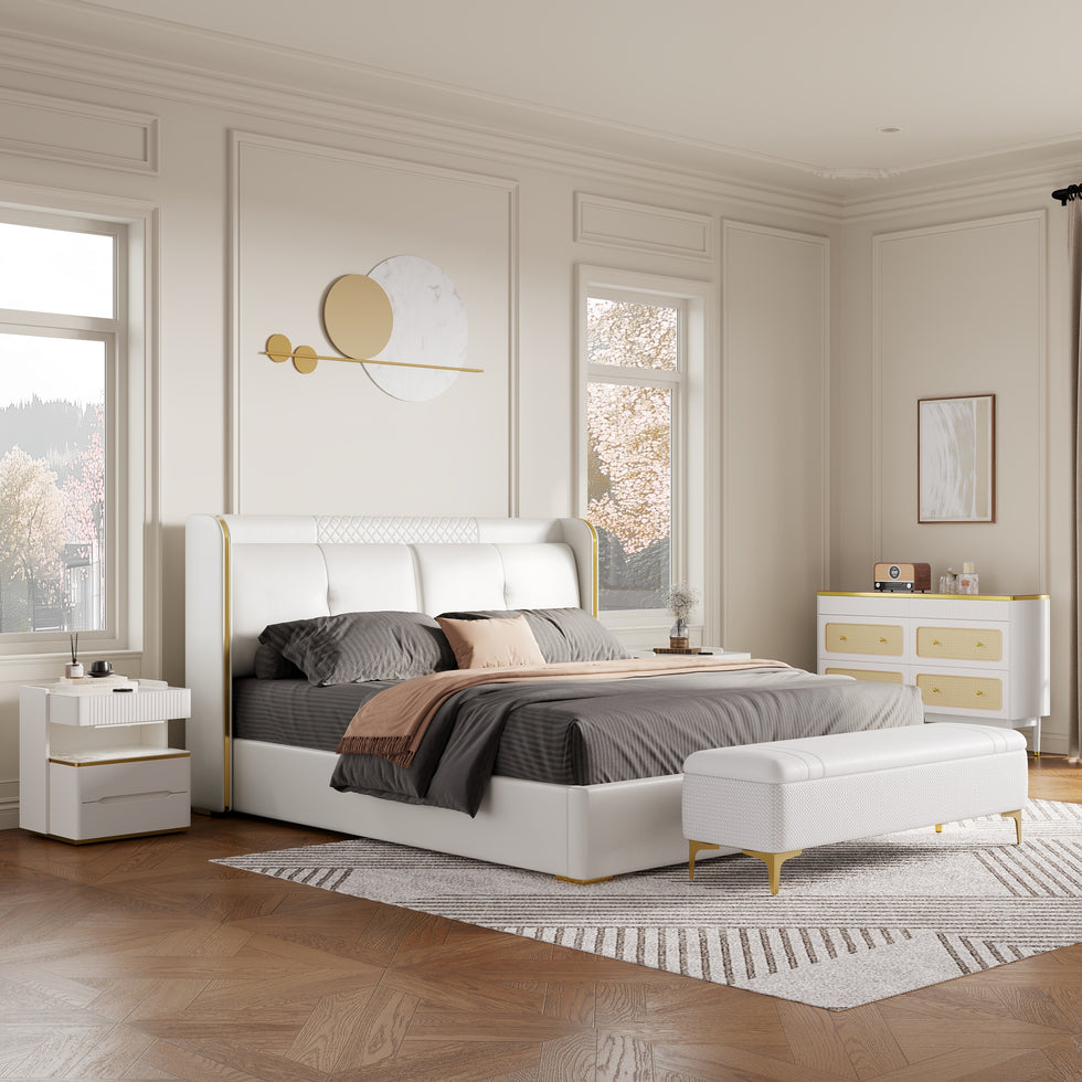 HMR - Leather Upholstered Bed with Wingback Headboard