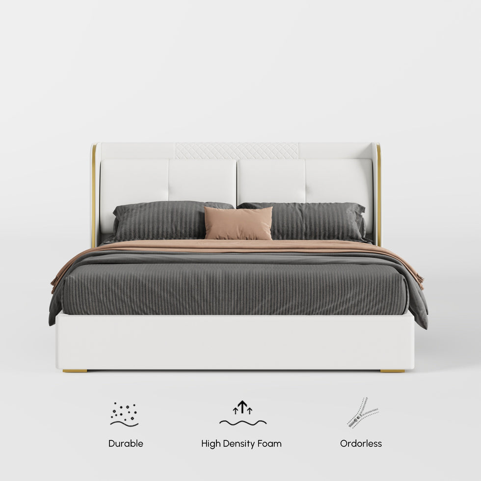 HMR - Leather Upholstered Bed with Wingback Headboard