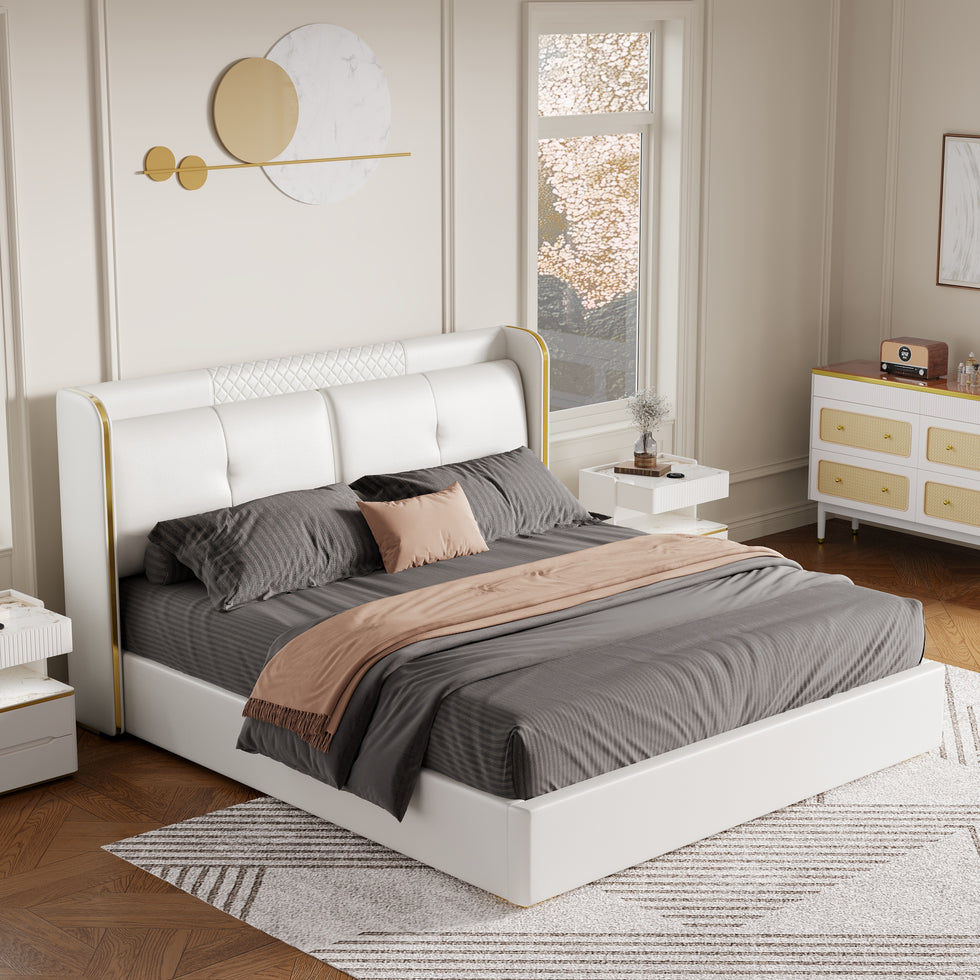 HMR - Leather Upholstered Bed with Wingback Headboard