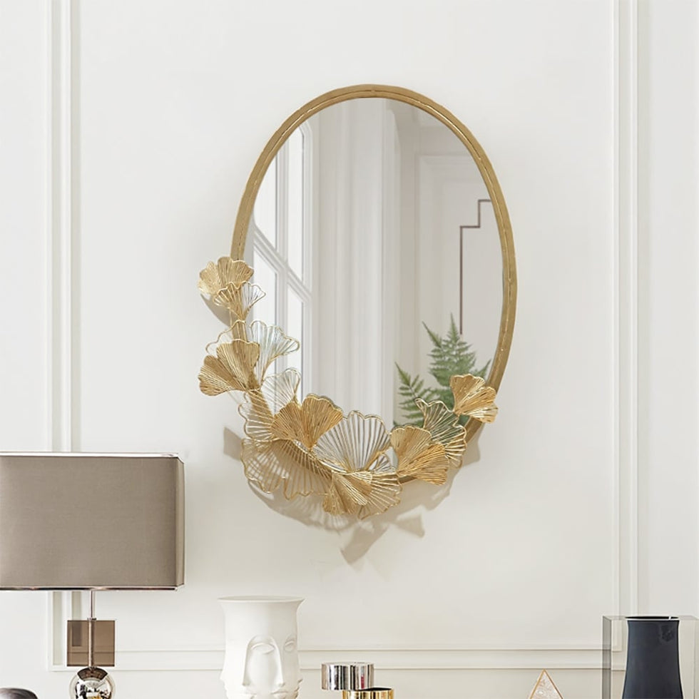 HMR - 33.9" Glam Oval Wall Mirror Hollow-out Ginkgo Leaves in Gold Metal Frame For Bedroom