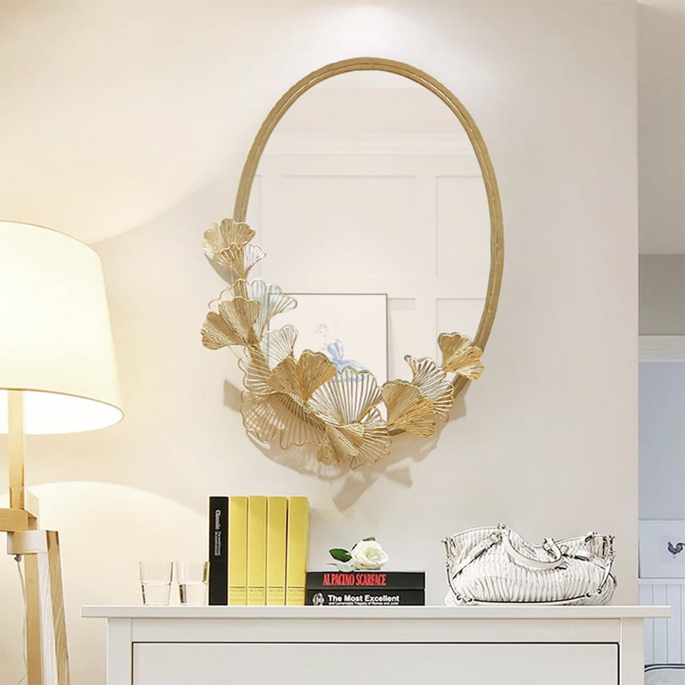HMR - 33.9" Glam Oval Wall Mirror Hollow-out Ginkgo Leaves in Gold Metal Frame For Bedroom