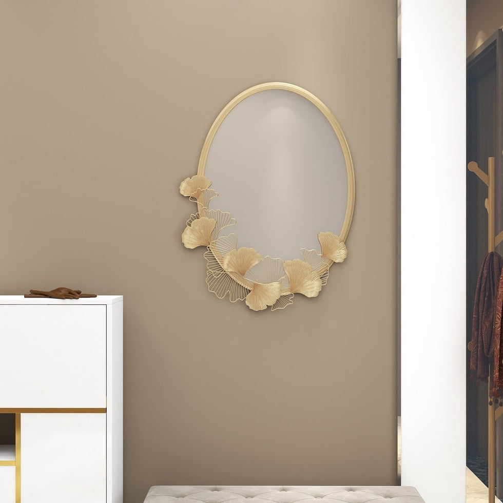 HMR - 33.9" Glam Oval Wall Mirror Hollow-out Ginkgo Leaves in Gold Metal Frame For Bedroom
