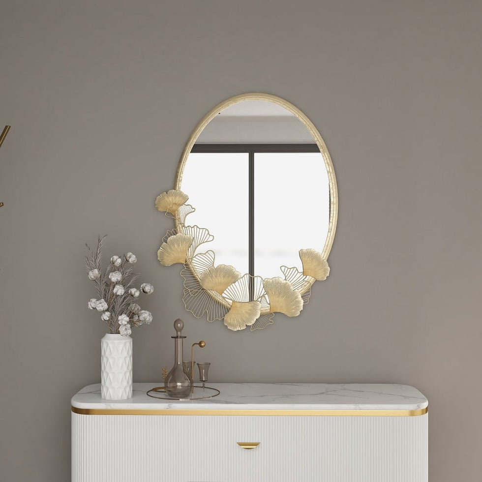 HMR - 33.9" Glam Oval Wall Mirror Hollow-out Ginkgo Leaves in Gold Metal Frame For Bedroom