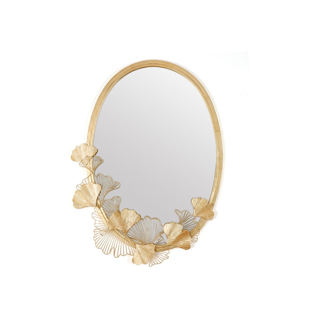 HMR - 33.9" Glam Oval Wall Mirror Hollow-out Ginkgo Leaves in Gold Metal Frame For Bedroom