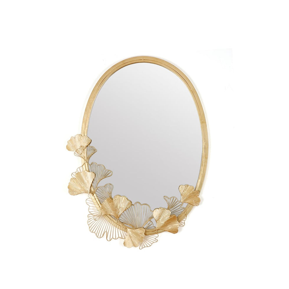 HMR - 33.9" Glam Oval Wall Mirror Hollow-out Ginkgo Leaves in Gold Metal Frame For Bedroom