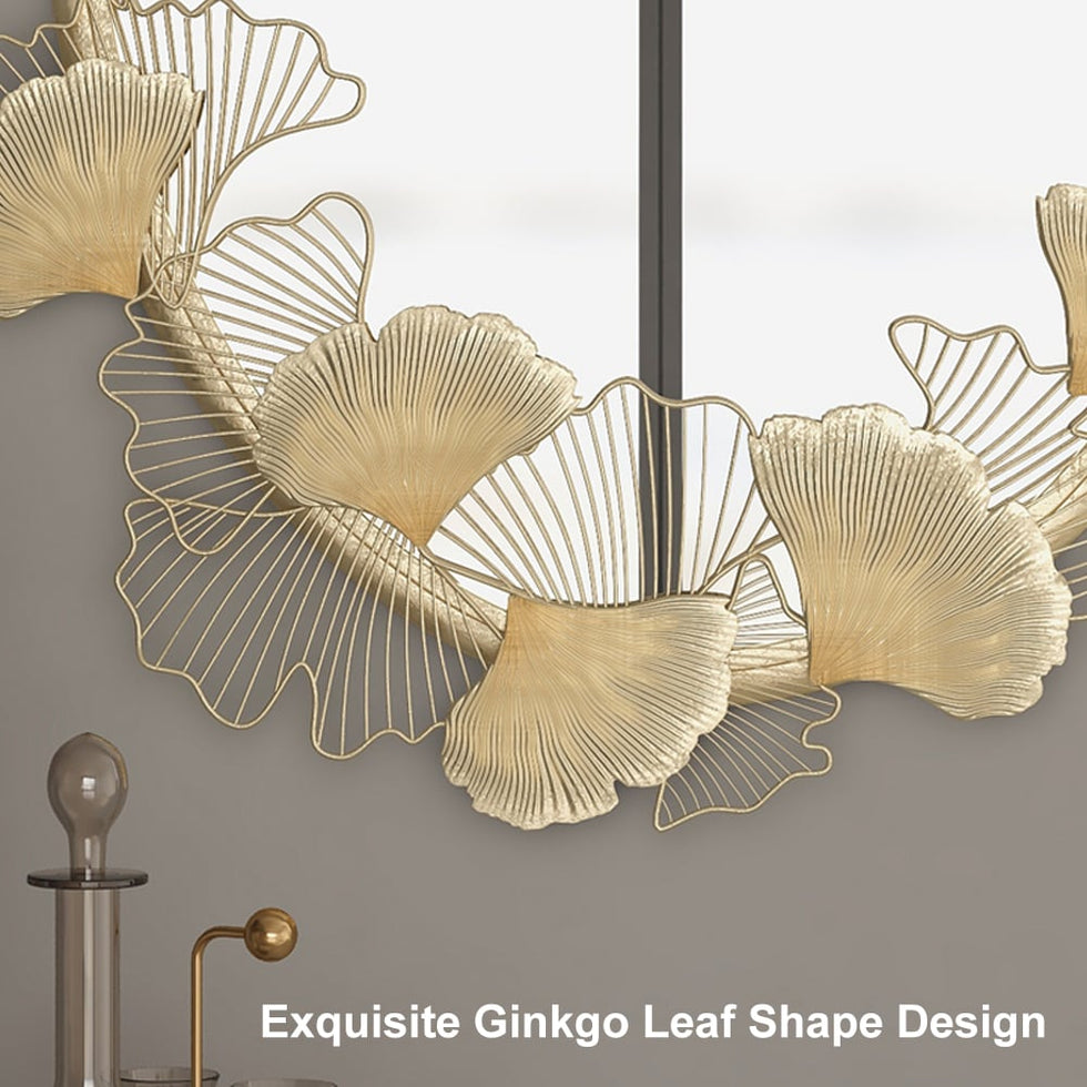 HMR - 33.9" Glam Oval Wall Mirror Hollow-out Ginkgo Leaves in Gold Metal Frame For Bedroom