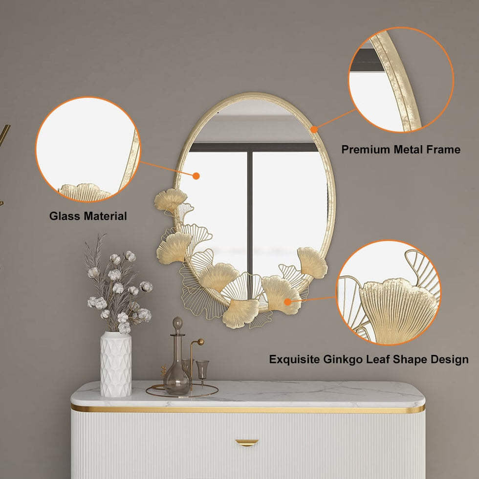 HMR - 33.9" Glam Oval Wall Mirror Hollow-out Ginkgo Leaves in Gold Metal Frame For Bedroom