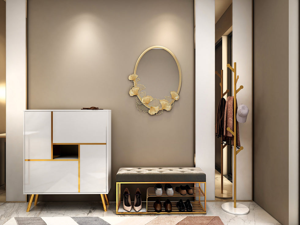 HMR - 33.9" Glam Oval Wall Mirror Hollow-out Ginkgo Leaves in Gold Metal Frame For Bedroom