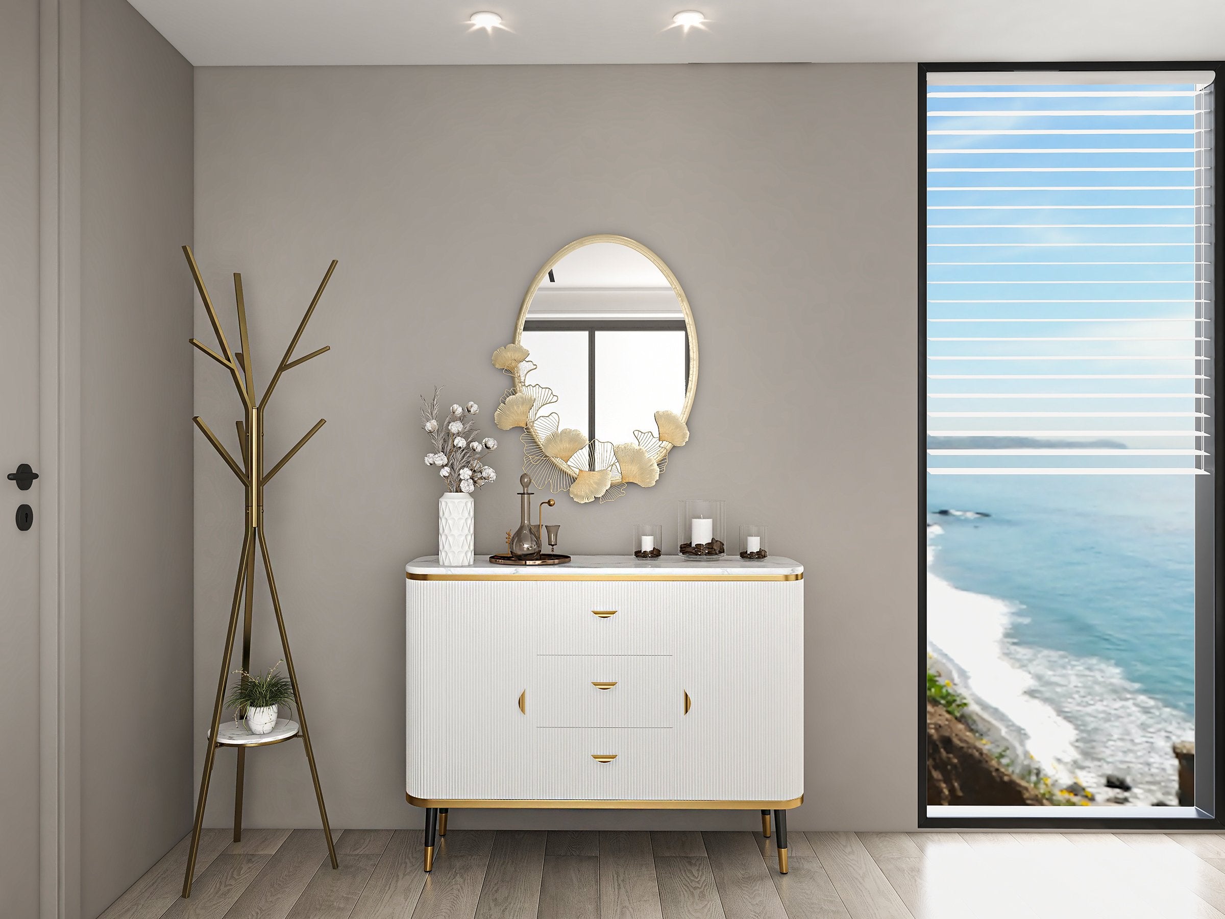 HMR - 33.9" Glam Oval Wall Mirror Hollow-out Ginkgo Leaves in Gold Metal Frame For Bedroom