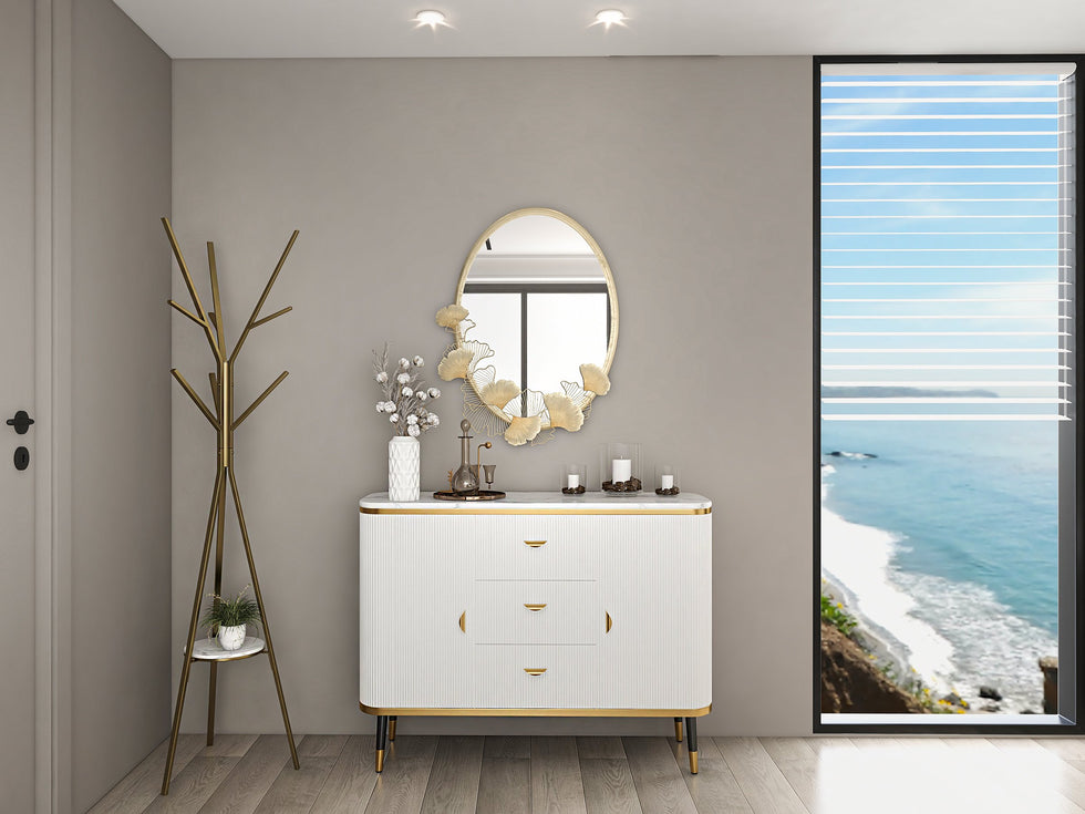HMR - 33.9" Glam Oval Wall Mirror Hollow-out Ginkgo Leaves in Gold Metal Frame For Bedroom