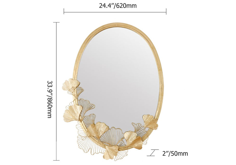 HMR - 33.9" Glam Oval Wall Mirror Hollow-out Ginkgo Leaves in Gold Metal Frame For Bedroom