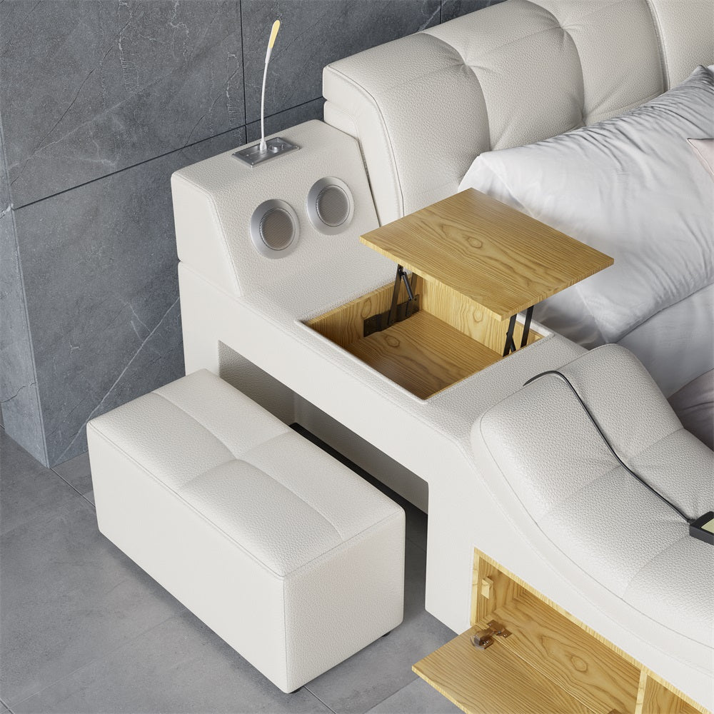 HMR - Ultimate Smart Bed King Tufted Upholstered Platform Bed with Massage, Storage & Speaker