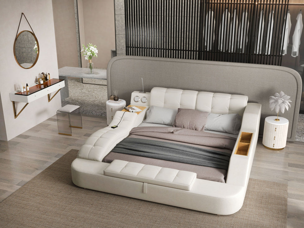 HMR - Ultimate Smart Bed King Tufted Upholstered Platform Bed with Massage, Storage & Speaker