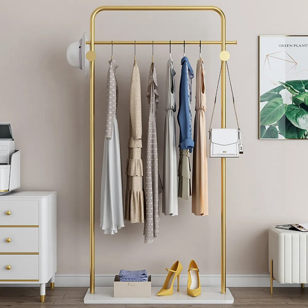 HMR - Metal Freestanding Cloth Rail Rack with Hooks and Marble Base in Gold