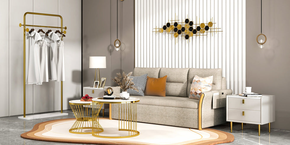 HMR - Metal Freestanding Cloth Rail Rack with Hooks and Marble Base in Gold